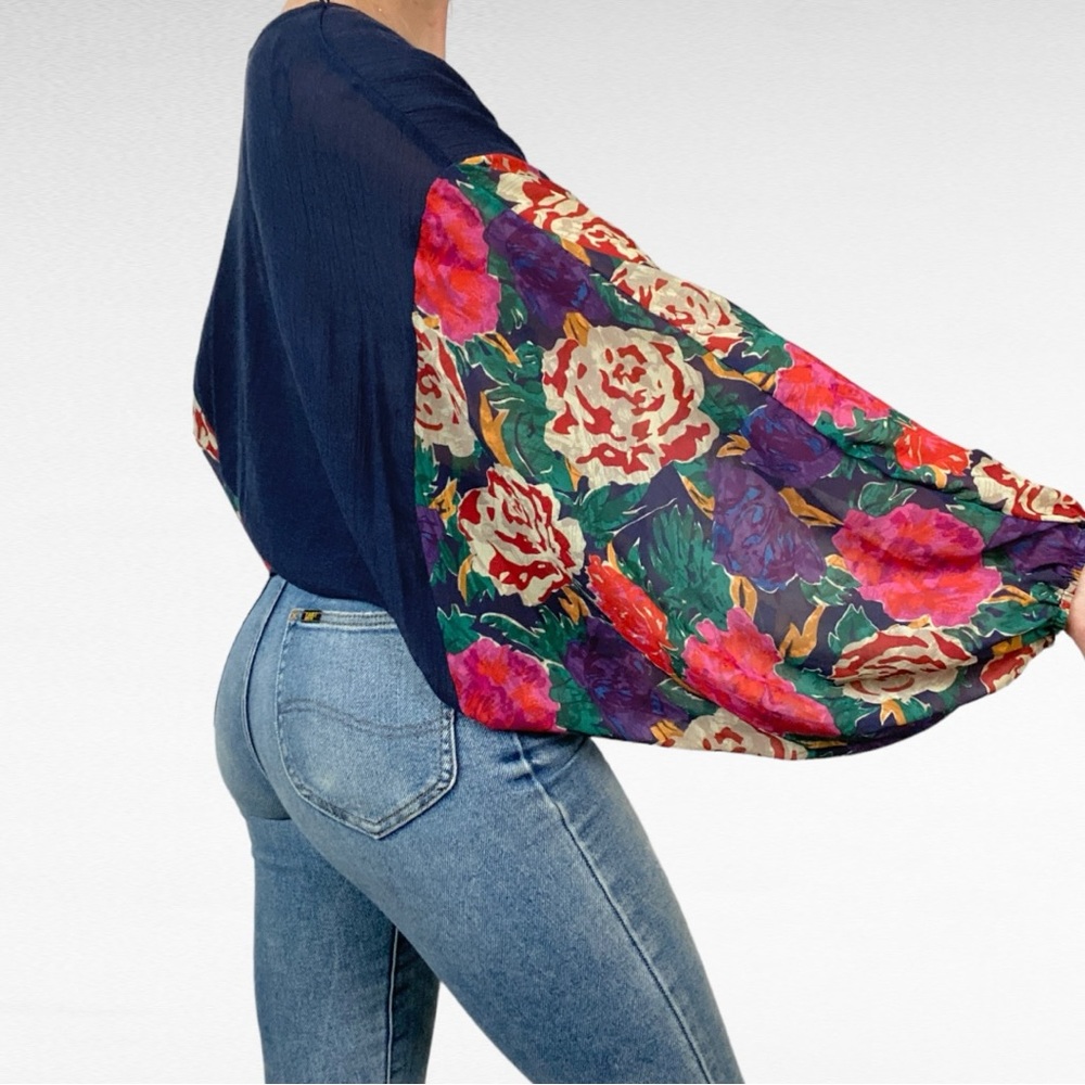 Umgee USA | Navy Blue Contrast Floral Puff Balloon Sleeve Semi Sheer Blouse